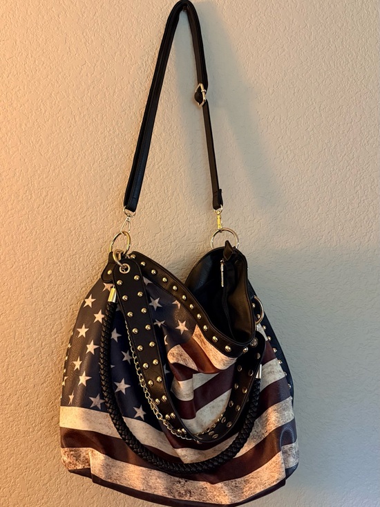 Handbags - American Flag Print Black Hobo Bag with Studded Trim